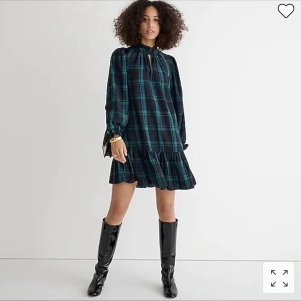 J.Crew Ruffle Puff Sleeve Mini Dress NWT | Size XXL | Black Watch Tartan Plaid
